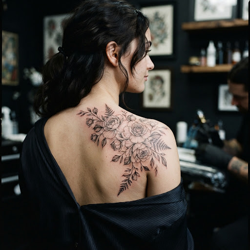 Detalle de tatuaje de línea fina en antebrazo con flores y serpiente
