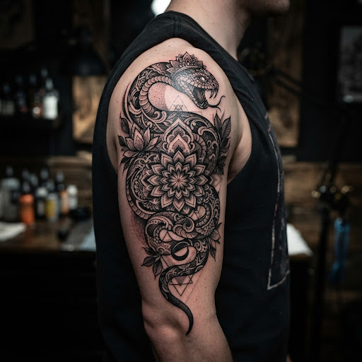 Tatuaje floral botánico de clavícula y hombro en espalda