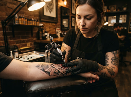 Tatuaje ornamental de serpiente geométrica en brazo completo